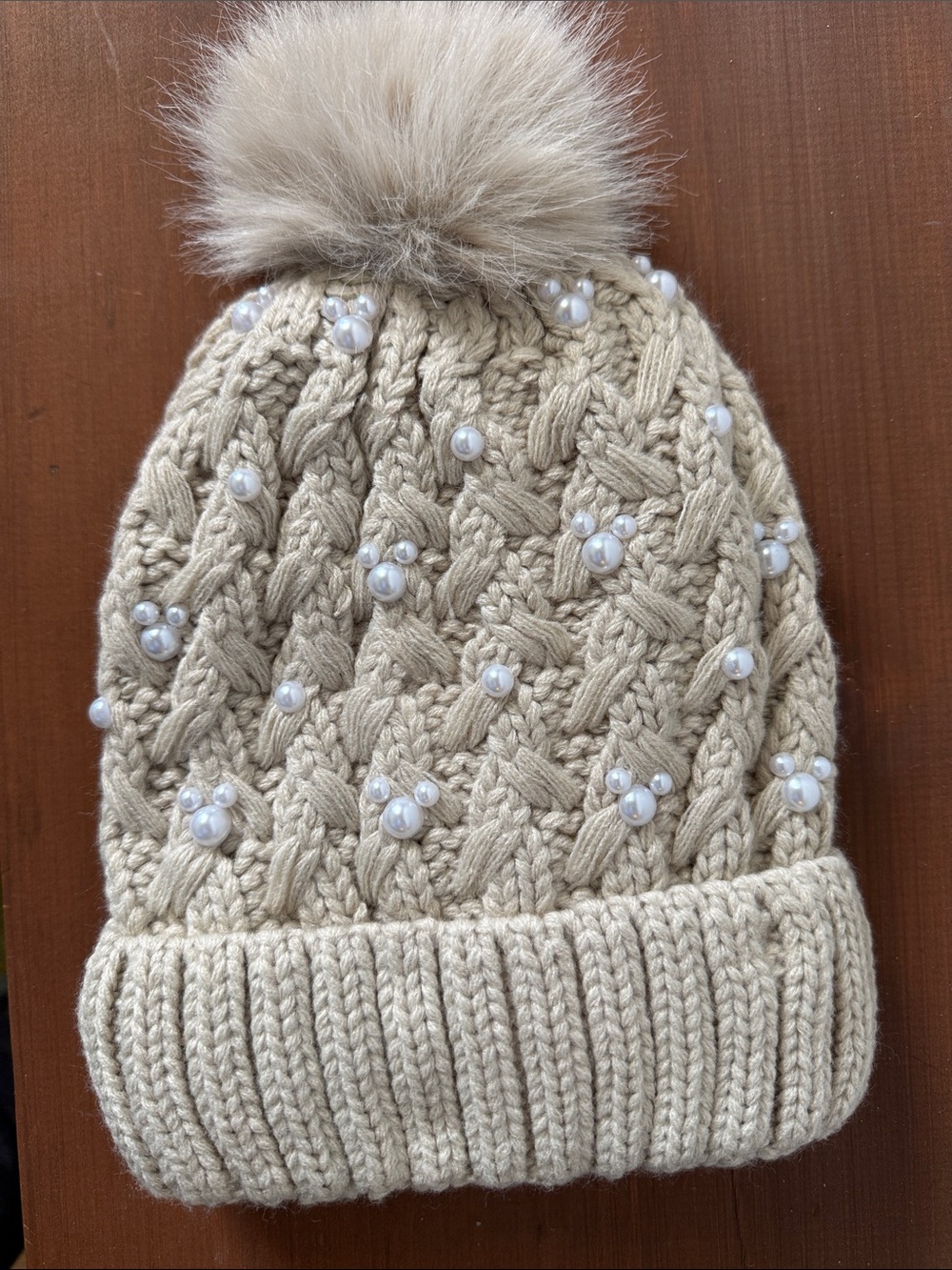 Pearl-Embellished Knit Pom Beanie - Cream